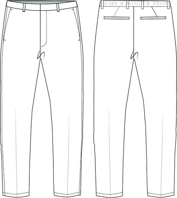 Set Of Pants Tailored Technical Fashion Illustration With Extended Normal  Low Waist, High Rise, Full Length. Flat Casual Bottom Trousers Apparel  Template Front White Color. Women Men Unisex CAD Mockup Royalty Free