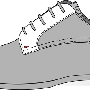 May include: A grey leather oxford shoe with white laces. The shoe has a stitched detail around the edge of the sole.