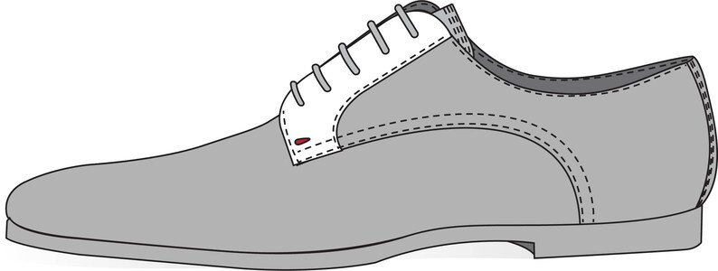 May include: A grey leather oxford shoe with white laces. The shoe has a stitched detail around the edge of the sole.