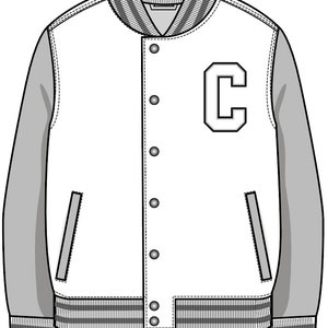 May include: A white varsity jacket with grey sleeves and a large letter "C" on the front. The jacket has a ribbed collar, cuffs, and hem.