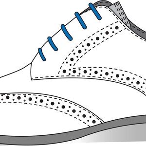 May include: White leather oxford shoes with blue laces and a brogue design.