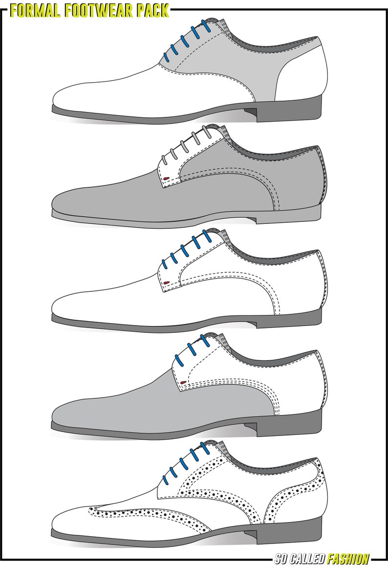May include: Five different styles of formal footwear, each with a white and grey colour scheme. The shoes have lace-up closures and are shown in a line from top to bottom.