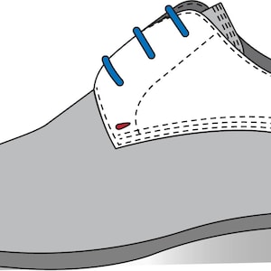 May include: A grey and white leather Oxford shoe with blue laces.