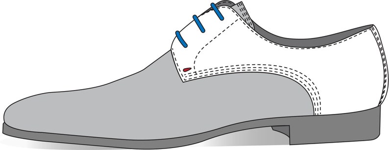 May include: A grey and white leather Oxford shoe with blue laces.