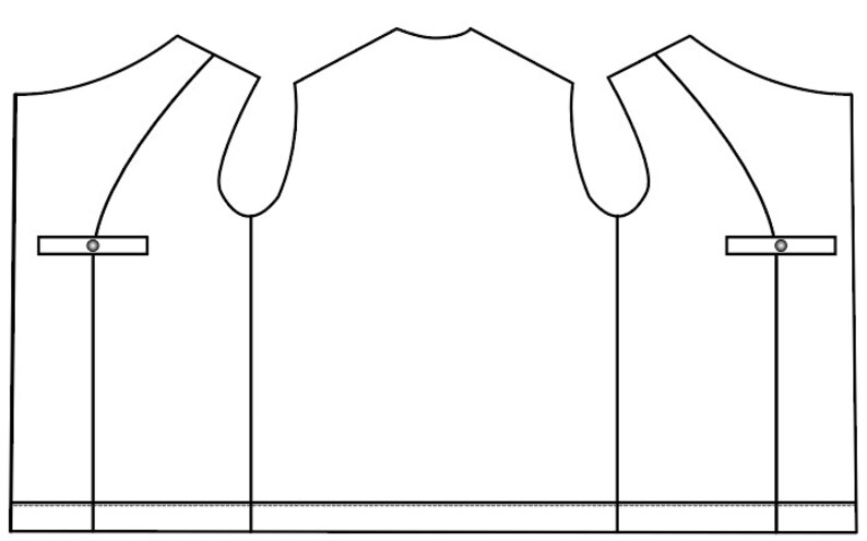May include: A black and white line drawing of a vest pattern with two pockets and a button closure.