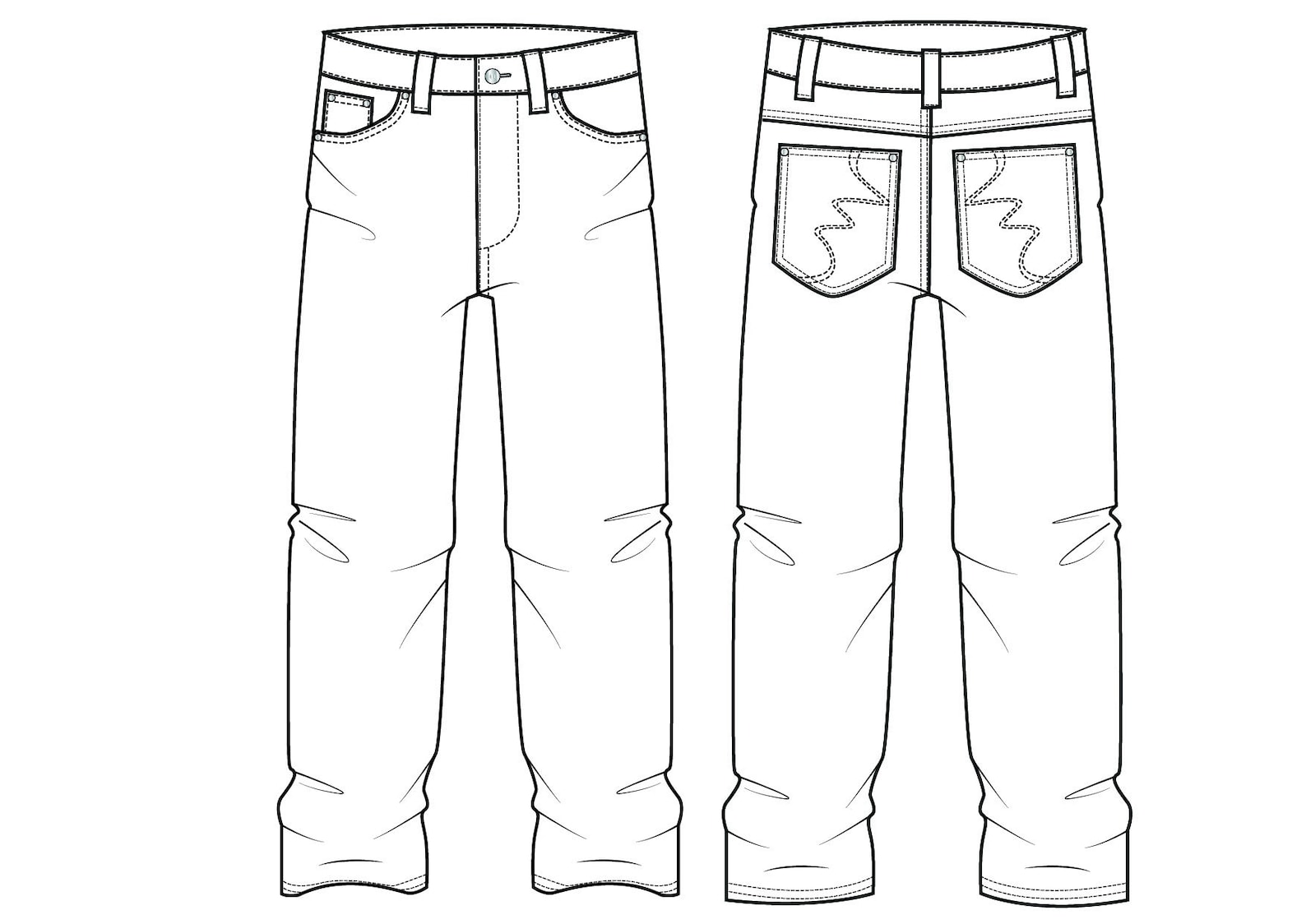 Vector Relaxed Denim Jeans Flat Sketch For Adobe Illustrator Baggy