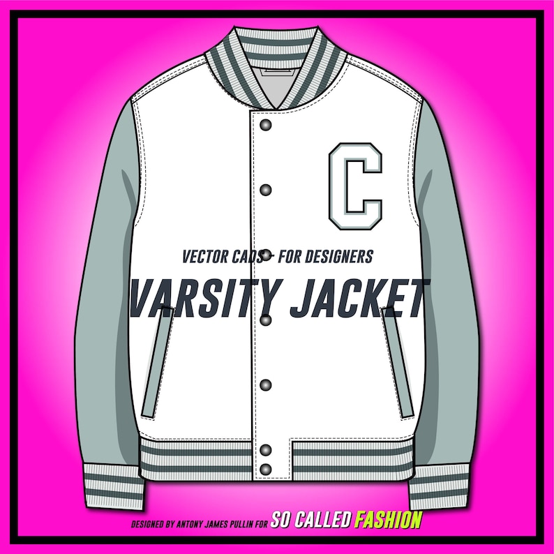 May include: White varsity jacket with grey sleeves and a black letter "C" on the front. The jacket has a ribbed collar, cuffs, and hem. The text "VECTOR CADS FOR DESIGNERS" and "VARSITY JACKET" are printed on the front of the jacket. The text "DESIGNED BY ANTONY JAMES PULLIN FOR SO CALLED FASHION" is printed on the bottom of the jacket.