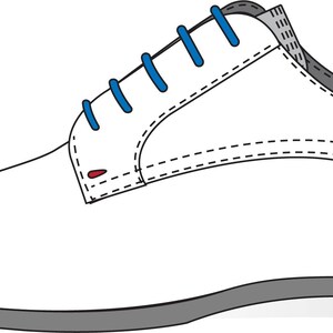 May include: White leather lace-up shoe with blue laces. The shoe has a rounded toe and a low heel.