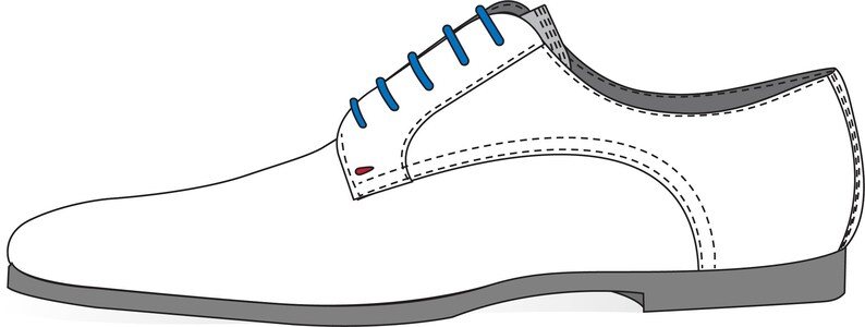May include: White leather lace-up shoe with blue laces. The shoe has a rounded toe and a low heel.
