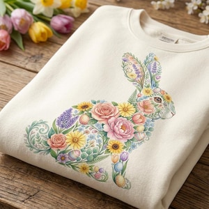 Peut inclure: Sweat-shirt crème avec un motif de lapin floral. Le lapin est composé de diverses fleurs, dont des roses, des tournesols et des tulipes, dans des tons de rose, de jaune et de violet. Vêtements sur le thème de Pâques.