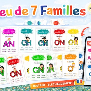 Puede incluir: Un juego educativo llamado "Jeu de 7 Familles" con tarjetas de vocabulario francés. La imagen muestra las cartas del juego, un teléfono inteligente que muestra una versión PDF y un icono de descarga de PDF. El juego está diseñado para uso digital.