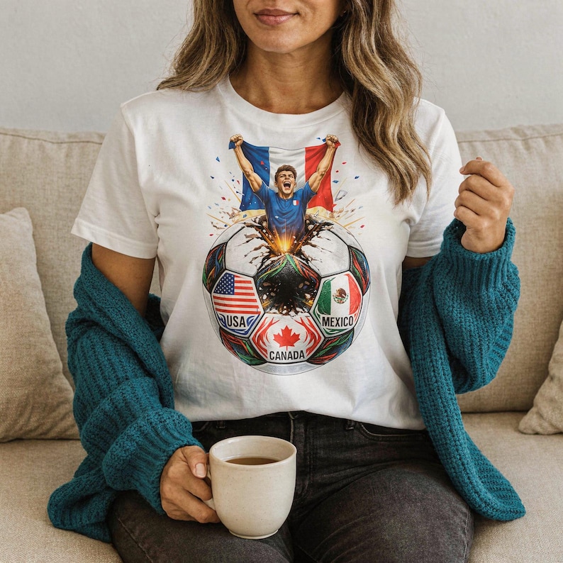T-shirt voor Franse voetbalfans, Frankrijk fan shirt, cadeau voor voetballiefhebbers, unisex T-shirt met Franse vlag afbeelding 1
