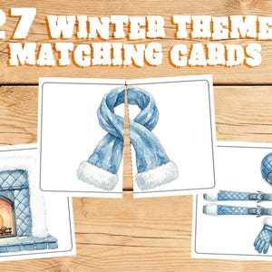 May include: Watercolor illustrations of winter-themed matching cards. The cards feature images of a fireplace, a blue scarf, and winter sports equipment. The text "27 WINTER THEMED MATCHING CARDS" is at the top.