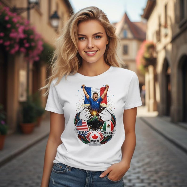 Op de afbeelding: Een wit t-shirt met een voetbalontwerp met de vlaggen van de VS, Canada en Mexico. Boven de bal toont een afbeelding een persoon die een Franse vlag vasthoudt. Het shirt wordt gedragen door een persoon met blond haar.