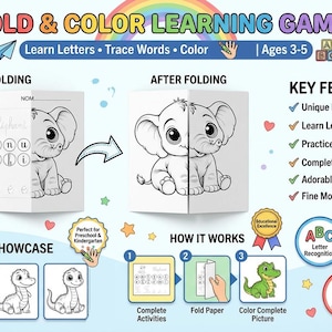 Peut inclure: Jeu éducatif de pliage et de coloriage pour enfants de 3 à 5 ans. Il comprend l'apprentissage des lettres, le traçage de mots et le coloriage d'animaux. Le jeu développe la motricité fine et propose des illustrations d'animaux adorables.