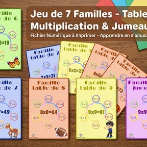 Op de afbeelding: Educatieve flashcards voor het leren van de tafels. De kaarten zijn in het Frans en hebben kleurrijke ontwerpen met vermenigvuldigingsproblemen en antwoorden. Inclusief tafels 6, 7, 8 en 9, plus een set voor tweelingen.