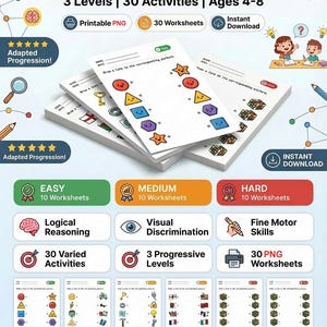 Peut inclure: Des feuilles de travail d'association pour les enfants de 4 à 8 ans, avec 3 niveaux et 30 activités. Les exercices portent sur le raisonnement logique, la discrimination visuelle et la motricité fine. Le texte de l'image indique "Matching Worksheets".