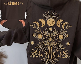 Luna Moth Hoodie Front and Back Luna Moth Clothing Moon Phases Moon Phase Hooded Sweatshirt Celestial Hoodie Witchy Moth Goblincore Hoodie
