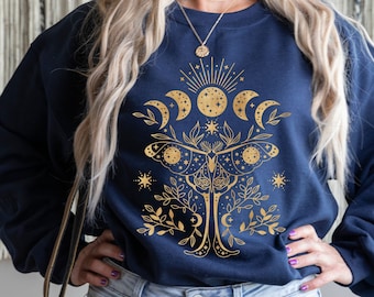 Luna Moth Sweatshirt, Moon Phase Sweatshirt, Luna Moth Clothing, Moon Phases, Mystic Moon and Moth Sweatshirt, Celestial Sweatshirt