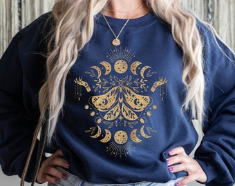 Mystic Moon and Moth Sweatshirt, Luna Moth Sweatshirt, Moon Phase Sweatshirt, Witchy Moth Celestial Sweatshirt, Boho Mystic Moth Sweatshirt