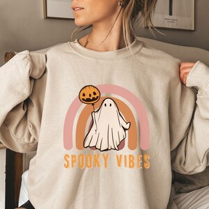 Retro Ghost Halloween Sweatshirt, Spooky Vibes, Retro Plus Size Halloween Sweatshirt Women, Spooky Season, Ghost Pumpkin Rainbow Sweater