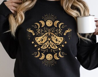 Mystic Moon and Moth Sweatshirt, Moon Phase Sweatshirt, Witchy Moth Celestial Sweatshirt, Boho Mystic Moth Sweatshirt