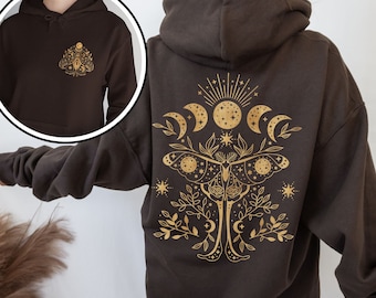 Luna Moth Hoodie Back and Pocket Design Luna Moth Clothing Moon Phase Hooded Sweatshirt Moon Phases Celestial Witchy Moth Whimsigoth Hoodie