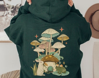 Fairy Rabbit and Frog Hoodie, Mushroom Lover Hoodie, Frog Lover Hoodie, Forest Green Mushroom Hoodie, Goblincore Aesthetic
