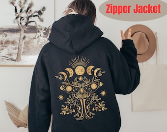 Luna Moth Zipper Hoodie, Luna Moth Clothing, Moon Phases, Moon Phase Zipper Jacket, Celestial Hoodie, Gold Witchy Moth Goblincore Zip Hoodie