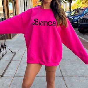 Custom Name Pink Sweatshirt, Personalized Hot Pink Plus Size Sweatshirt, Custom Text Women Sweatshirt, Customized Christmas Gift for Her