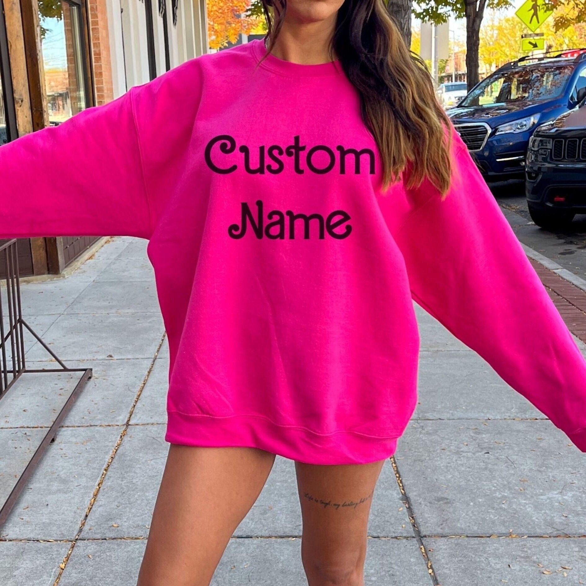Custom Name Pink Sweatshirt Custom Logo Text Personalized Hot Pink Plus Size Sweatshirt Customized Pink Your Name Adult Sweater Etsy