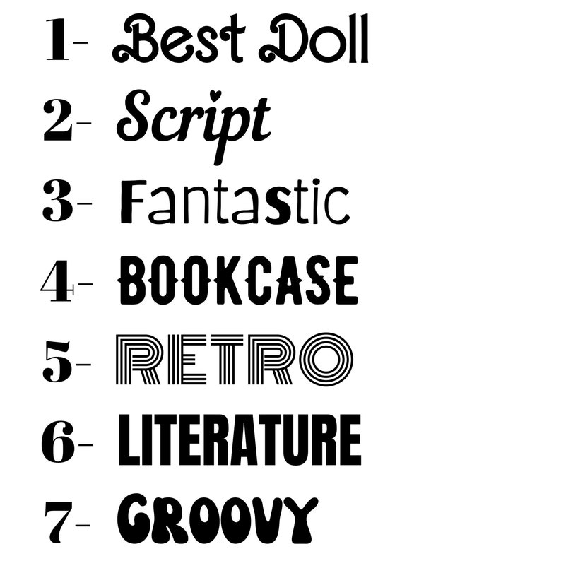 May include: A list of words in different fonts, including "Best Doll", "Script", "Fantastic", "BOOKCASE", "RETRO", "LITERATURE", and "GROOVY".