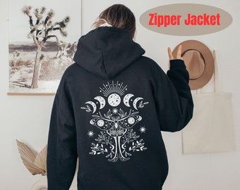 Luna Moth Zipper Hoodie, Luna Moth Clothing, Moon Phases, Moon Phase Zipper Jacket, Celestial Hoodie, Witchy Moth Goblincore Zip Hoodie