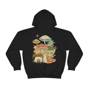 Forest Green Hoodie, Mushroom Frog Hoodie, Mystic Cat Hoodie, Goblincore Aesthetic Hoodie, Mushroom Lover, Frog Lover Hoodie Black