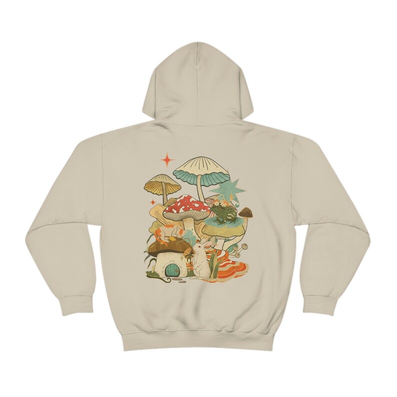 Forest Green Hoodie, Mushroom Frog Hoodie, Mystic Cat Hoodie, Goblincore Aesthetic Hoodie, Mushroom Lover, Frog Lover Hoodie Sand