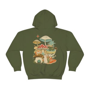 Forest Green Hoodie, Mushroom Frog Hoodie, Mystic Cat Hoodie, Goblincore Aesthetic Hoodie, Mushroom Lover, Frog Lover Hoodie Military Green