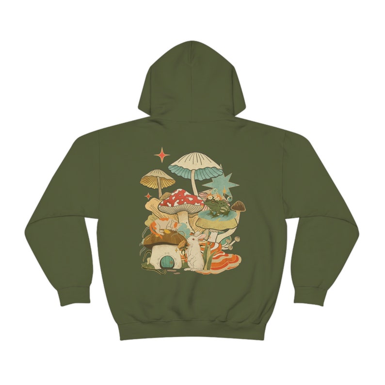 Forest Green Hoodie, Mushroom Frog Hoodie, Mystic Cat Hoodie, Goblincore Aesthetic Hoodie, Mushroom Lover, Frog Lover Hoodie Military Green