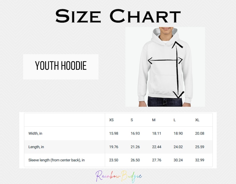 May include: Size chart for youth hoodies with measurements in inches for width, length, and sleeve length from center back. Sizes include XS, S, M, L, and XL.