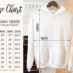 May include: Size chart for a Gildan 18500 heavy blend hoodie. The chart shows the size, width, length, and sleeve length in inches for sizes S through 5XL.