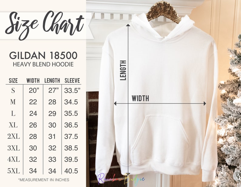 May include: Size chart for a Gildan 18500 heavy blend hoodie. The chart shows the size, width, length, and sleeve length in inches for sizes S through 5XL.