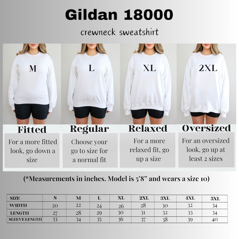 May include: Size chart for Gildan 18000 crewneck sweatshirts in sizes S to 5XL. The chart shows width, length, and sleeve length measurements in inches. The chart also includes descriptions of the fit for each size: Fitted, Regular, Relaxed, and Oversized.