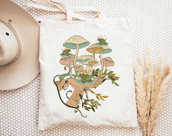 Witchy Goblincore Tote Bag, Mushroom Tote Bag, Frog Tote Bag, Goblincore Aesthetic, Frog Lover Tote Bag, Mushroom Lover Gift, Green Witch