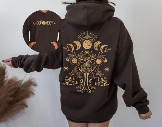 Luna Moth Hoodie Front and Back Luna Moth Clothing Moon Phases Moon Phase Hooded Sweatshirt Celestial Hoodie Witchy Moth Goblincore Hoodie