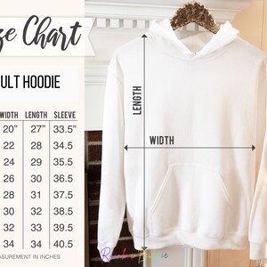 May include: Size chart for adult hoodies with measurements in inches for width, length, and sleeve length. Sizes range from S to 5XL.