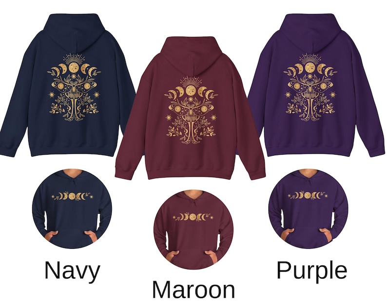 May include: Navy, maroon, and purple hoodies with a gold celestial design on the back. The design includes crescent moons, stars, and a tree-like structure. The word "Navy", "Maroon", and "Purple" are printed below each hoodie.