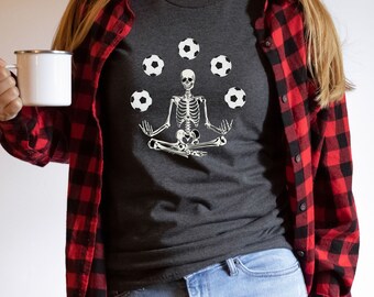 Halloween Soccer Shirt, Skeleton Soccer Shirt, Skeleton Meditating Juggling Soccer Balls Tshirt, Plus Size Halloween Clothing