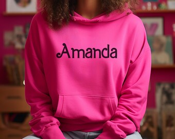 Custom Name Hot Pink Hoodie, Personalized Hot Pink Plus Size Sweatshirt, Custom Text Women Sweatshirt, Customized Youth Hoodie