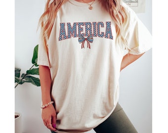 America Coquette 4th of July Shirt Retro USA Comfort Color Shirt , Independe Day USAPatriotic Shirt, Girly 4th of July Coquette Bow Shirt