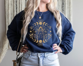 Mystic Moon and Moth Sweatshirt, Luna Moth Sweatshirt, Moon Phase Sweatshirt, Witchy Moth Celestial Sweatshirt, Boho Mystic Moth Sweatshirt
