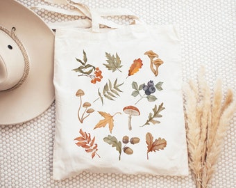 Cottagecore Tote Bag, Fall Leaves Mushroom Tote Bag, Nature Lover Gift, Canvas Tote Bag